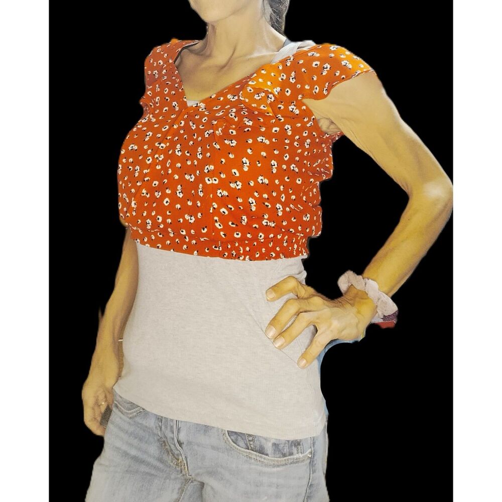 Sienna Sky ~ Red Floral Ruffle Shoulder Crop Top ~ XS Elastic Hem